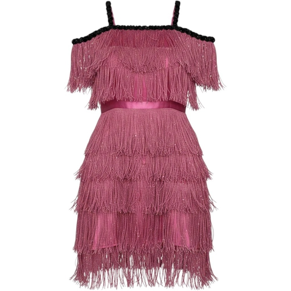 Wishcraft Pink Sequin Fringe Cold Shoulder Dress Swifty Barbie Core Child Sz 8